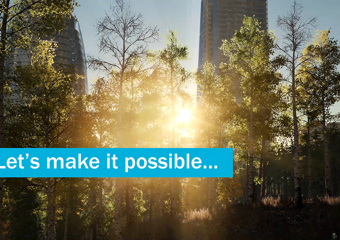 Trees, sun and buldings. In the front is a banner "Let's make it possible..."