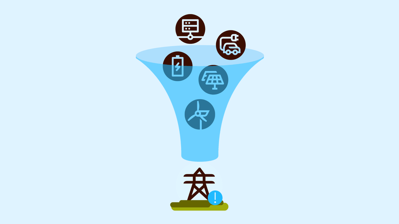 Ein Trichter in den Icons für Datencenter, E-Autos, Batteriespeicher, SOlarpark und Windturbine hineinfallen. Am schmalen Ende unten ist er Netzanschluss