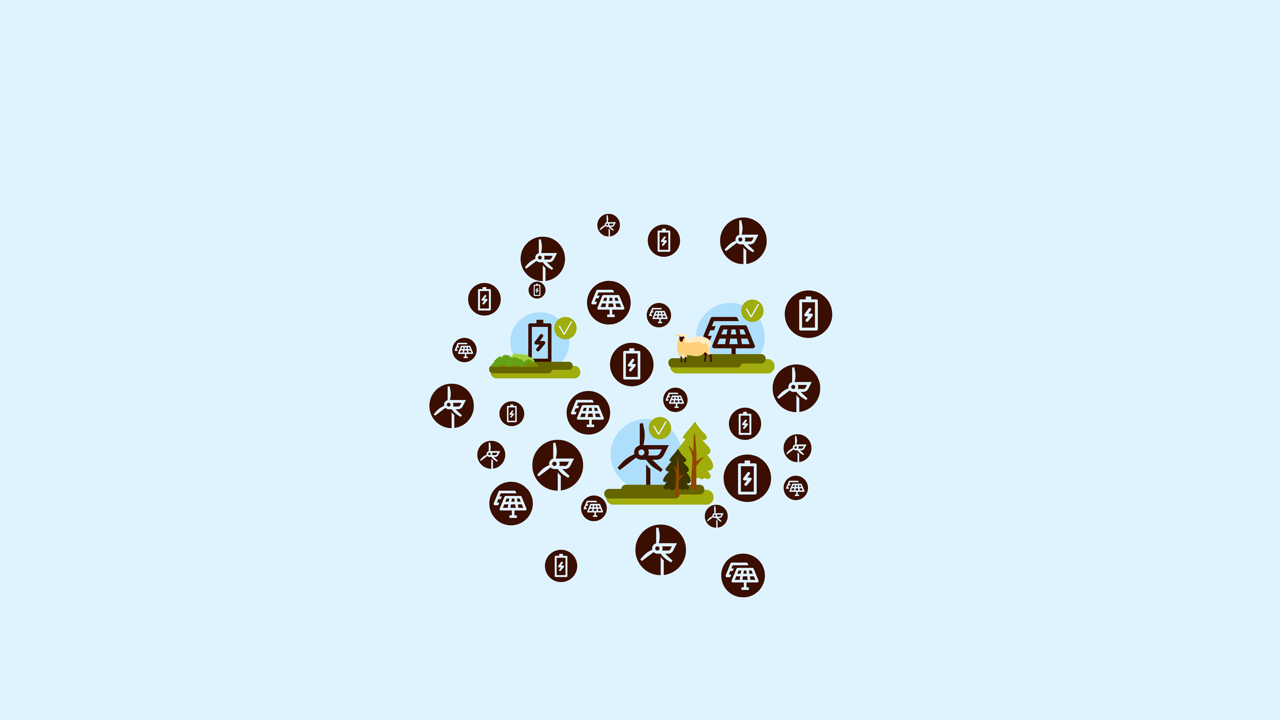 Viele Icons in verschiedenen Größen. Alle zeigen Windturbine, Batterie oder Solarpaneele. Die drei größten Icons sind mit einem grünen Häkchen markiert, da sie priorisiert werden