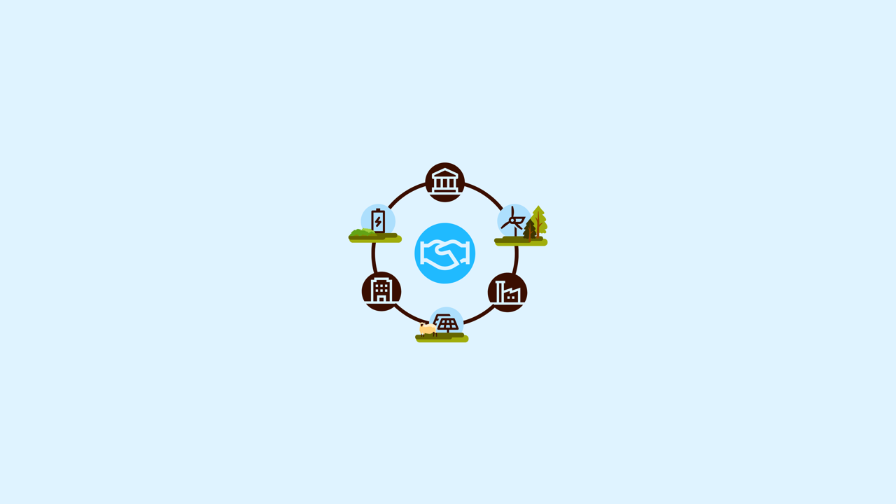 Sechs Icons, Batteriespeicher, Windturbine und Solarpaneele, sowie Regierungsgebäude, Industriegebäude und Bürogebäude kreisen um ein großes Icon eines Händedrucks