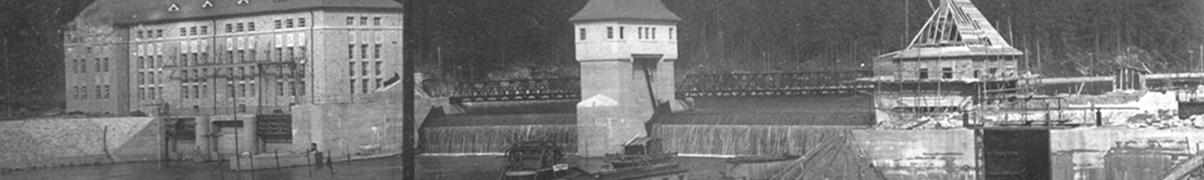 Historische Ansicht von Laufwasserkraftwerk und Wehranlage. 