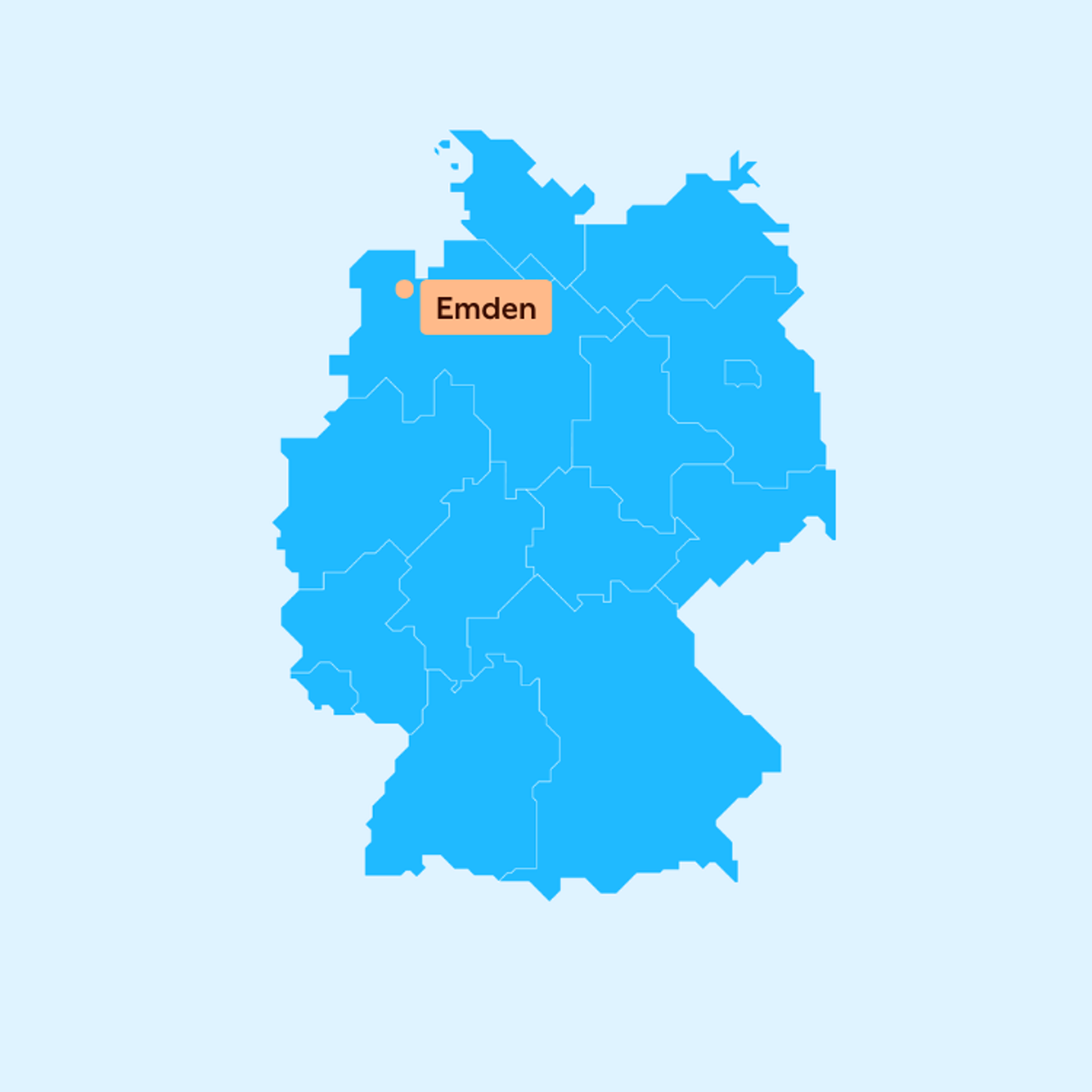 Eine Karte von Deutschland mit einer Markierung am Standort von Emden