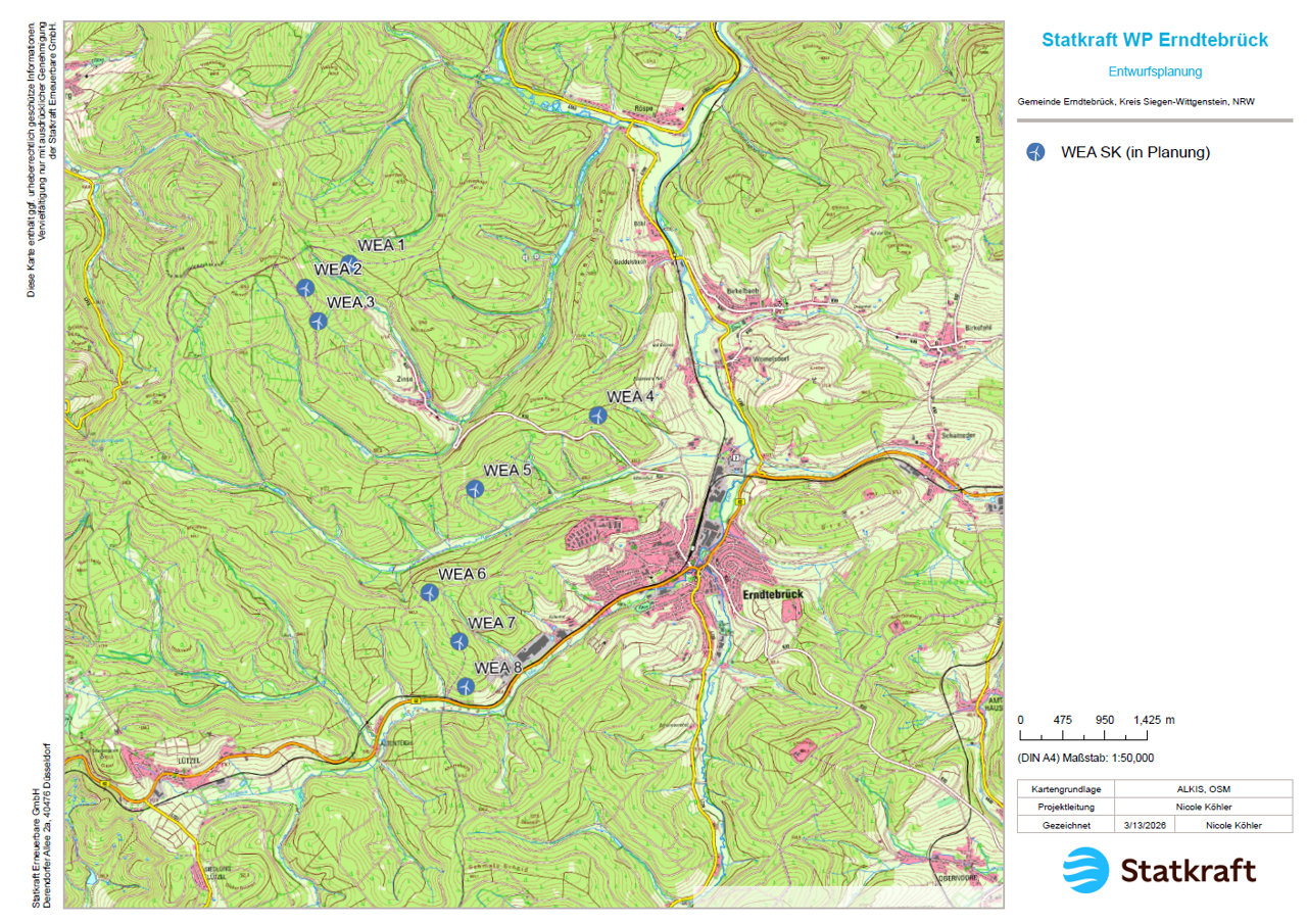 Lage des Windparks in der Waldgenossenschaft Erndtebr&uuml;ck