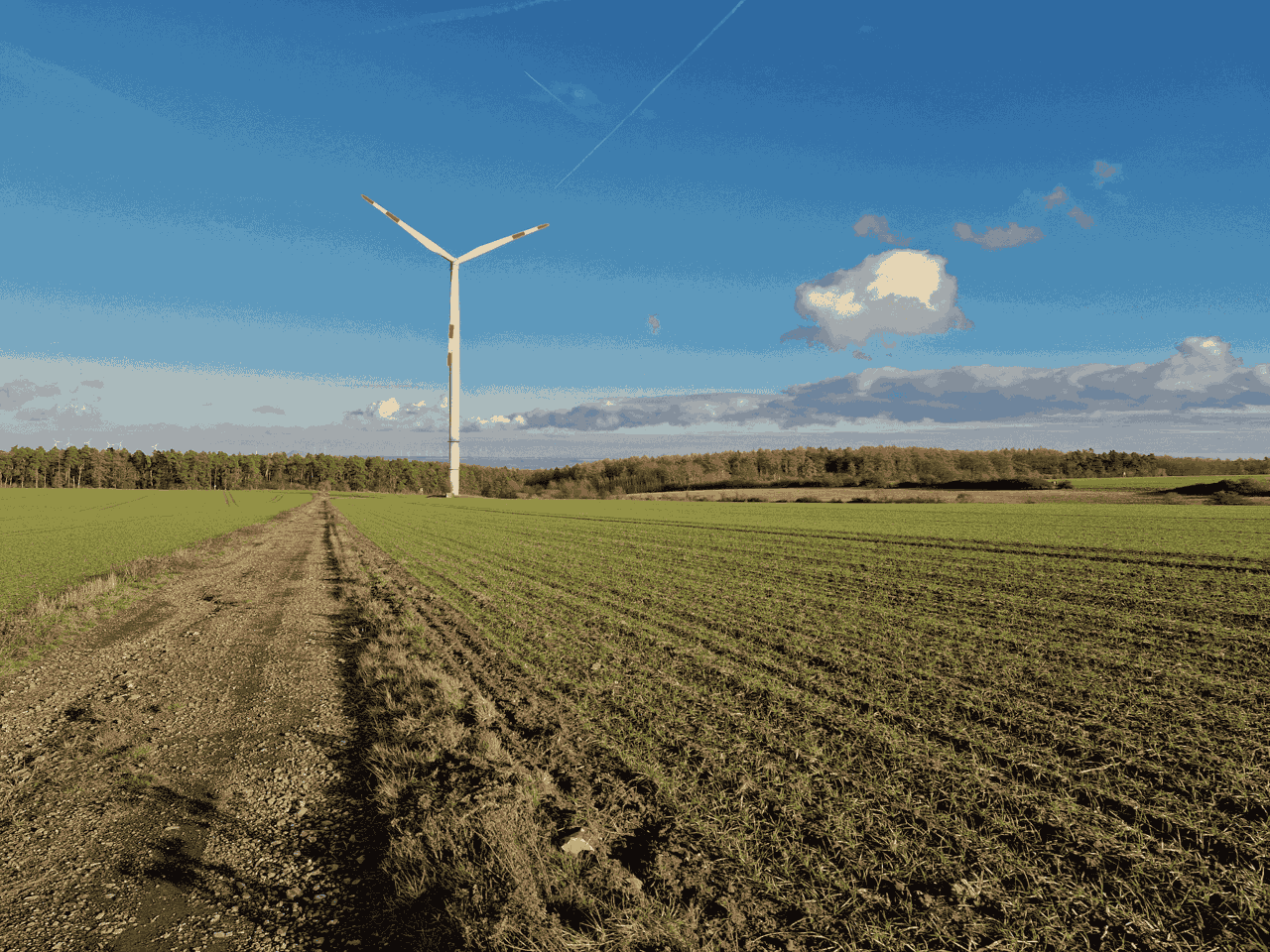 Windturbine auf einem Feld im Windpark Wimmelburg