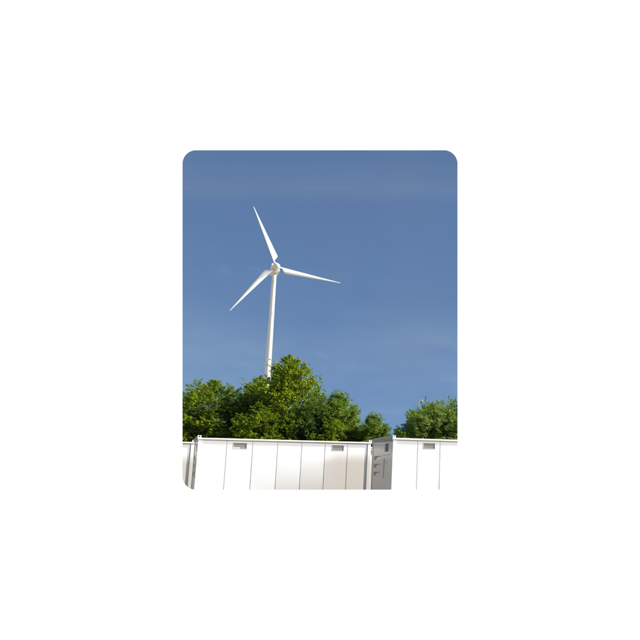 Eine Windturbine, im Vordergrund ein Batteriespeicher