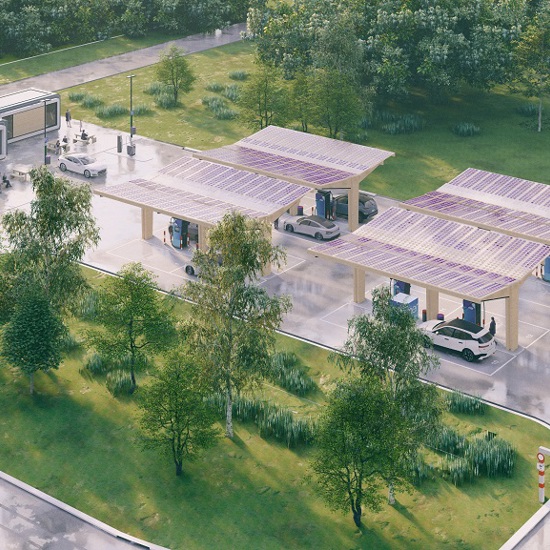 Visualisierung eines künftiges Mer-Standortes zum Laden von Elekto-Autos.