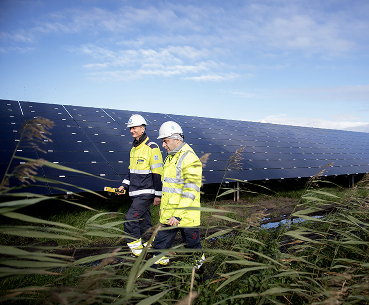 2 Mitarbeiter gehen an einer Solaranlage vorbei