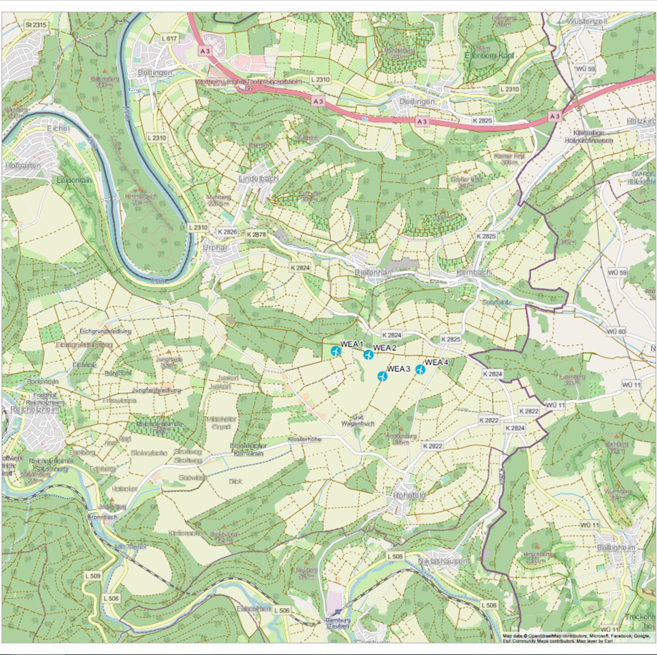 Lageplan f&uuml;r das Repowering wuf den Windpark Wertheim